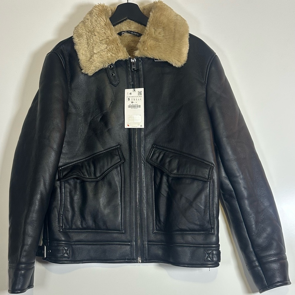 Zara Black Leather Jacket with Tan Faux Fur Collar